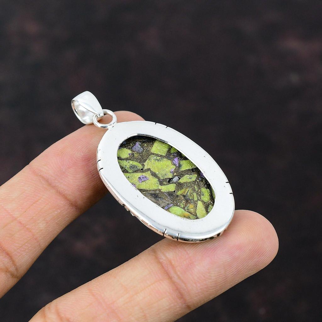 Hänge i kopparstichtit Naturlig ädelstenssmycke 925 Sterlingsilverhänge Handgjort Hänge i Hippiestil Gåva till kvinnor Stichtitsmycke