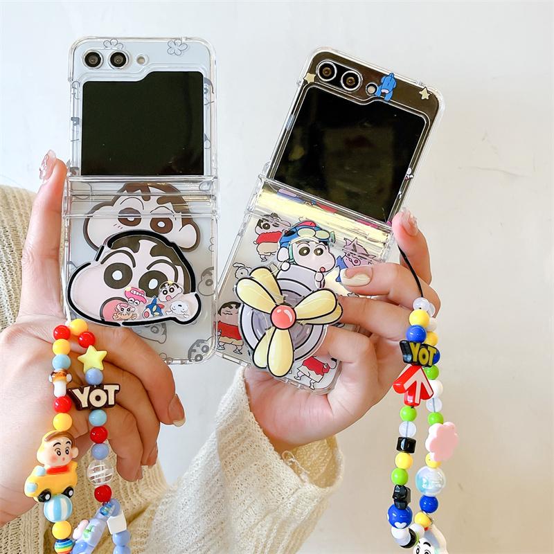 3D Anime Cute Cartoon Crayon Shin-chan Bracket Clear Folding Phone Case For Samsung ZFlip 3 4 5 6 7 Shin-chan Shake Holder Cover