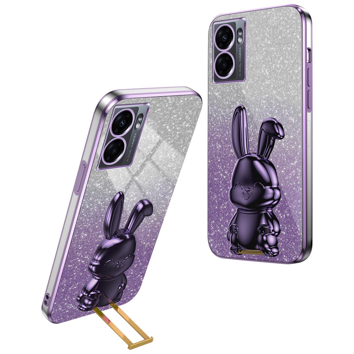 

For Oppo A57 (2022) 5G/A77 5G/Realme Q5i/Realme V23 5G Rabbit Cellphone Case PC+TPU Cover with Kickstand Purple