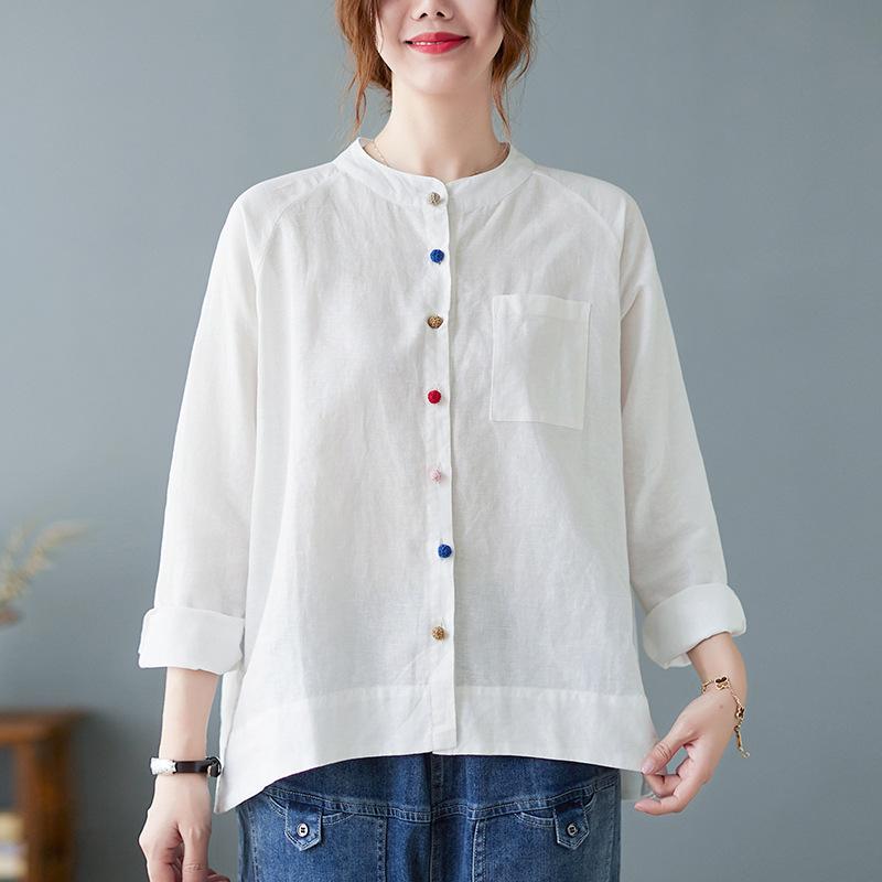 

Весна Осень Искусство Ретро Хлопок Конопля Цветная Пряжка Длинный Рукав Рубашка Однотонный Универсальный Верх Блузки и Рубашки XL