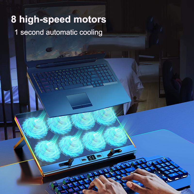 Cooler para laptop COOLCOLD Gaming com oito ventoinhas, tela LED, duas portas USB, ventilador para laptop refrigerado a ar, suporte silencioso para notebook, tamanho normal