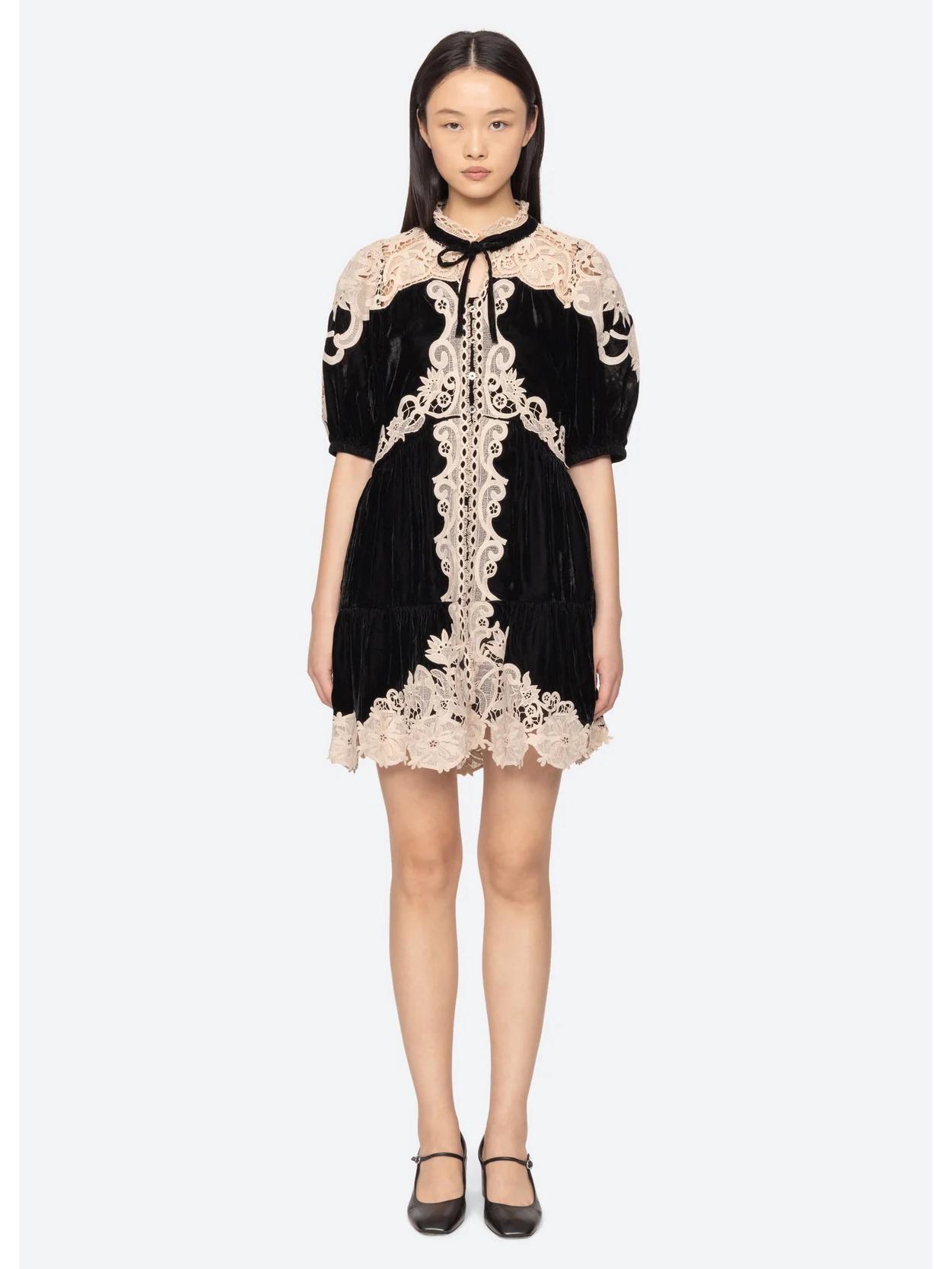 2026 Spring/Summer Retro Lace Velvet Puff Sleeve Dress S - 34 чёрный