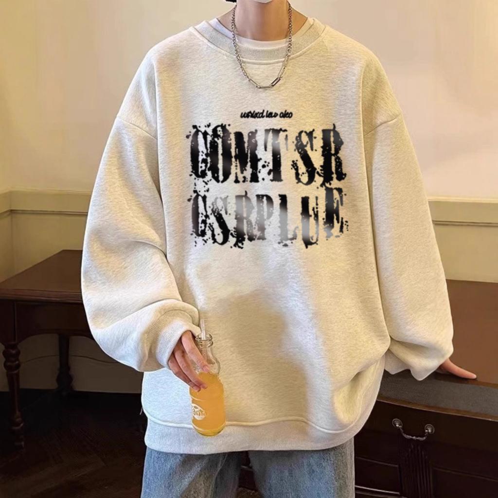 Retro Långärmad Tryckt Sweatshirt, Lös Rund Hals, Utan Huva Plus Fleecekläder