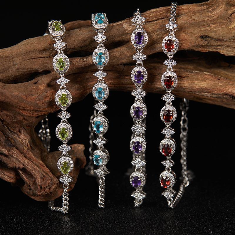 S925 Sterling Silver With Natural Topaz Garnet Peridot Bracelet Women'S Colorful Jewelry