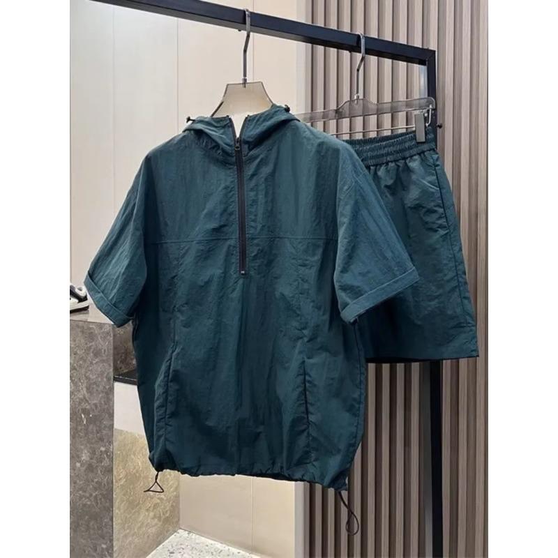 Sommar Cargo Huvtröja Träningsdräkt Kortärmad T-shirt Dragkedja och Shorts Outfits Snabbtorkande Enfärgad Casual Utomhus Sport Klädset