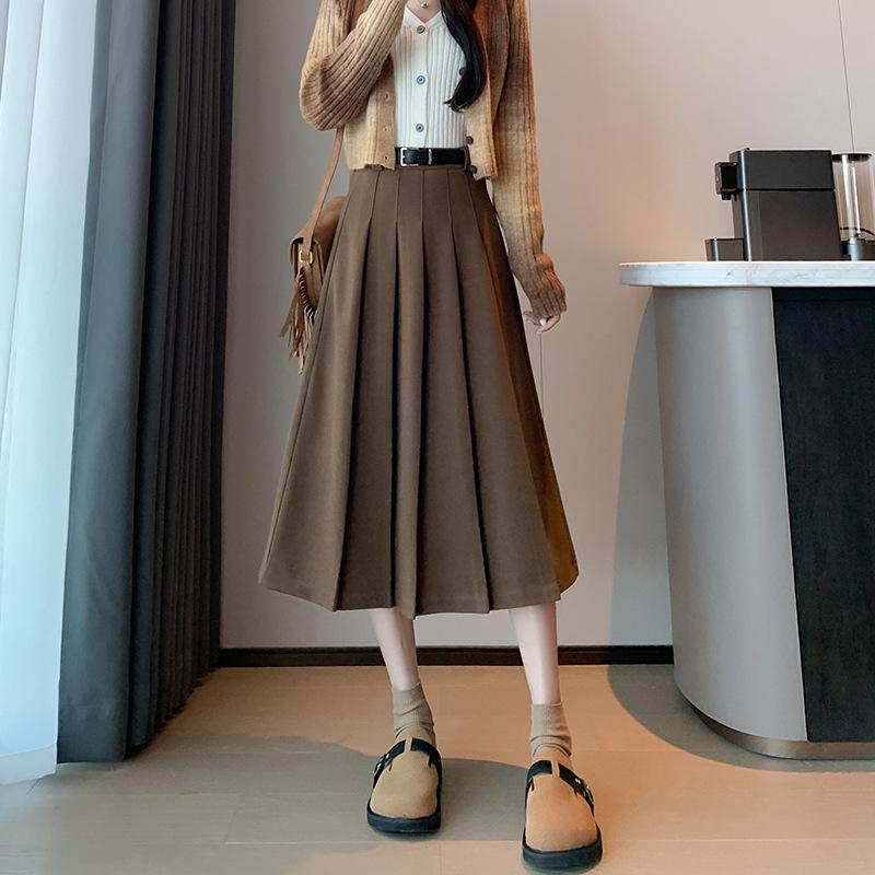 Wool Blend High-Waist Midi Skirt for Women - Autumn/Winter Pleated Belt Style, Plus Size, Vintage and Thickened.