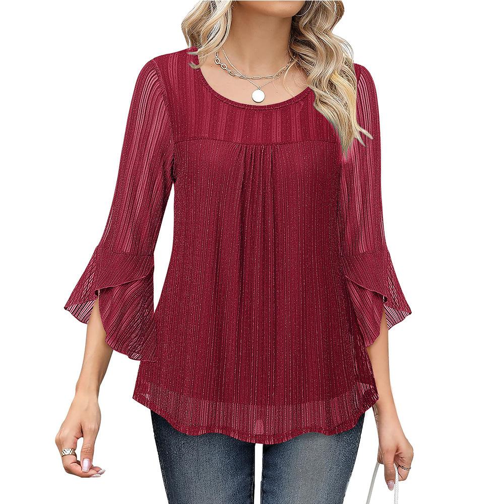 Women's Crew Neck Three Quarter Sleeve Mesh Top Slim Fit Elegant Chiffon Blouse