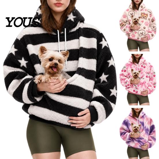 Felpa Oversize da Donna con Tasca Portacani/Gatti, Felpa con Cappuccio Casual a Manica Lunga per Autunno Inverno, con Tasca a Marsupio