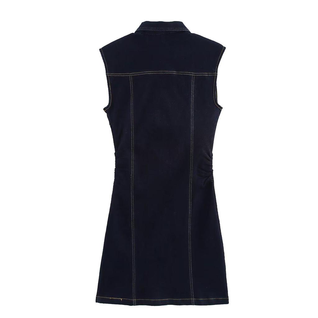 Spring 2025 European & American Style Women's Slim Denim Pleated Sleeveless Mini Dress