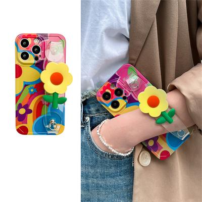 Korean Cute 3d Sunflower Wrist Band Soft Case For Iphone 14 13 12 11 Pro Max Coloful Floral Wristband Shockproof Cover Funda
