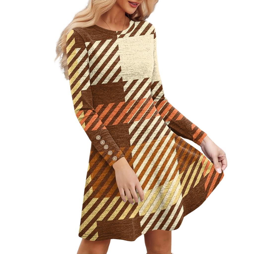 Damenmode Freizeitkleid mit Taschen, dekorativen Knöpfen, Rundhalsausschnitt und langen Ärmeln