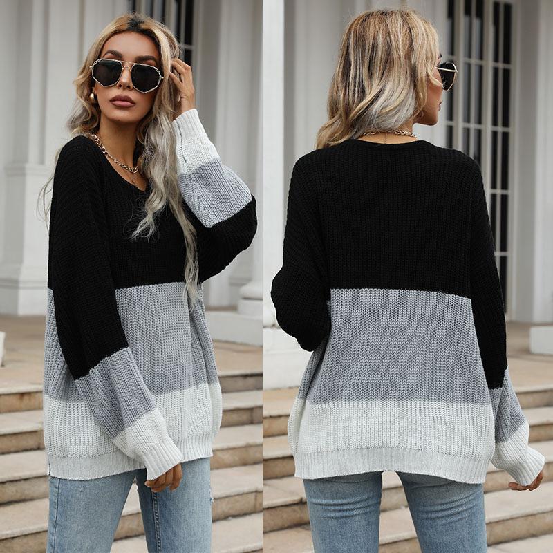 Vintage Fashion Elegant Casual Autumn and Winter Thin Section Loose Color Blocking Round Neck Pullover Knit Sweater Women