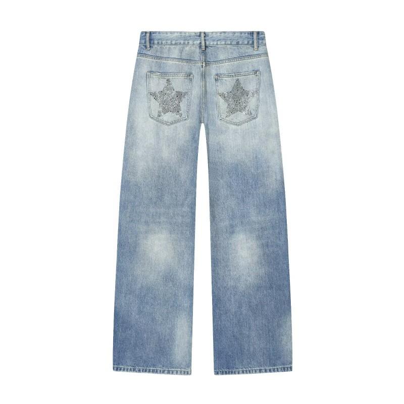 2026 Wide Leg Denim Pants Low Waist Rhinestone Fashion Jeans Women