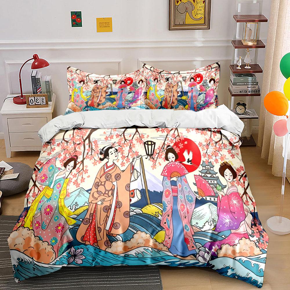 Japanese Ukiyo Geisha Lady Bedding Set,Cherry Blossom Mount Fuji Ocean Wave Kimono Women Print Duvet Cover Set,Oriental Art 3PC