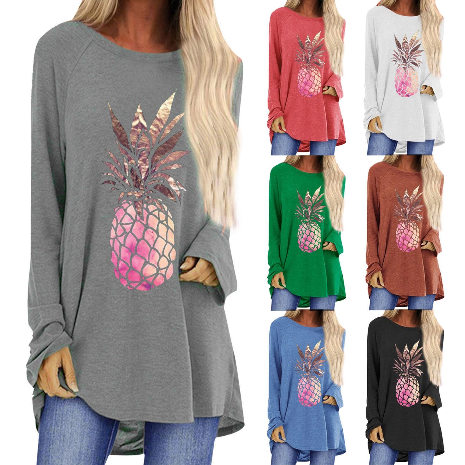

Folulus Женская повседневная модная свободная футболка с принтом ананаса и круглым вырезом, длинными рукавами, топы