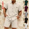 Men Solid Waffle Turn Down Collar Short Sleeve Shirt And Shorts Casual Summer Set