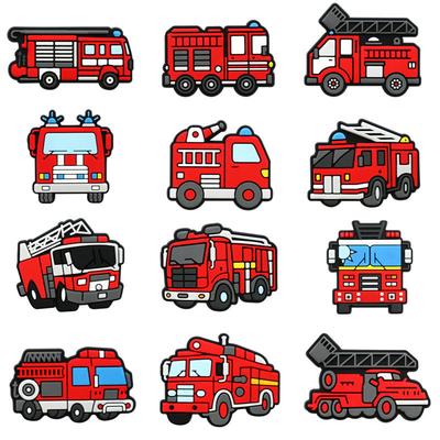 9-12PCS Cartoon Fire Truck Flame Fire Brigade Shoe Charm  PVC Decor Buckle Sandal Detachable Waterproof To Xmas Gift