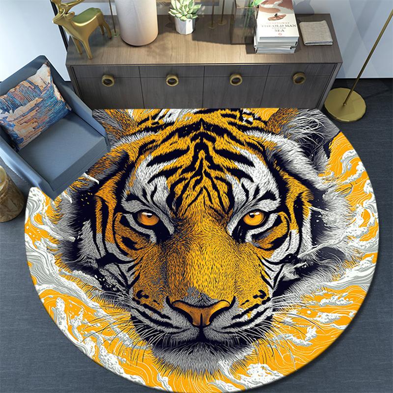 Golden Tiger Round Area Rug,Carpet Rug for Living Room Bedroom Sofa Playroom Decor,Non-slip Floor Mat