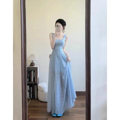 Women's Elegant Light Blue Maxi Spaghetti Strap A-Line Evening Party Dress