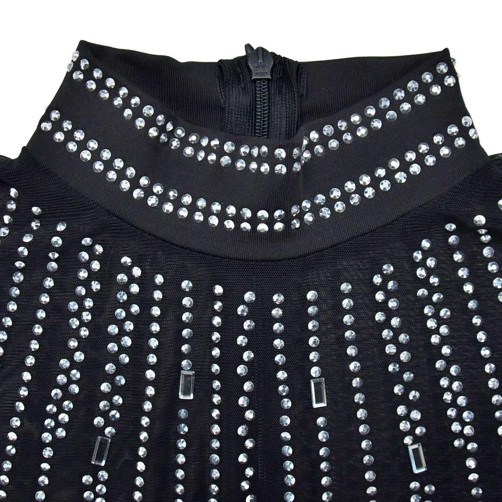 European & American Fashion Women's Solid Mesh Slit Long Dress with Hot Drill Accents