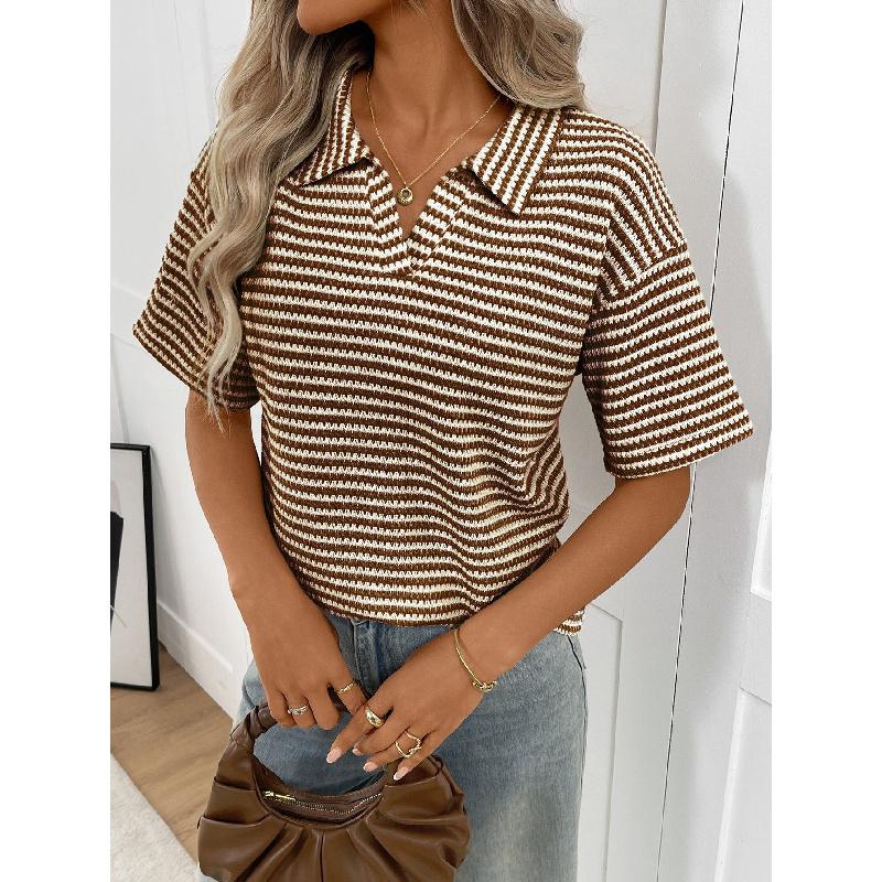 2026 Women's Turn-down Collar Solid Color Knitted Pullover Loose Short Sleeve Casual T-shirt