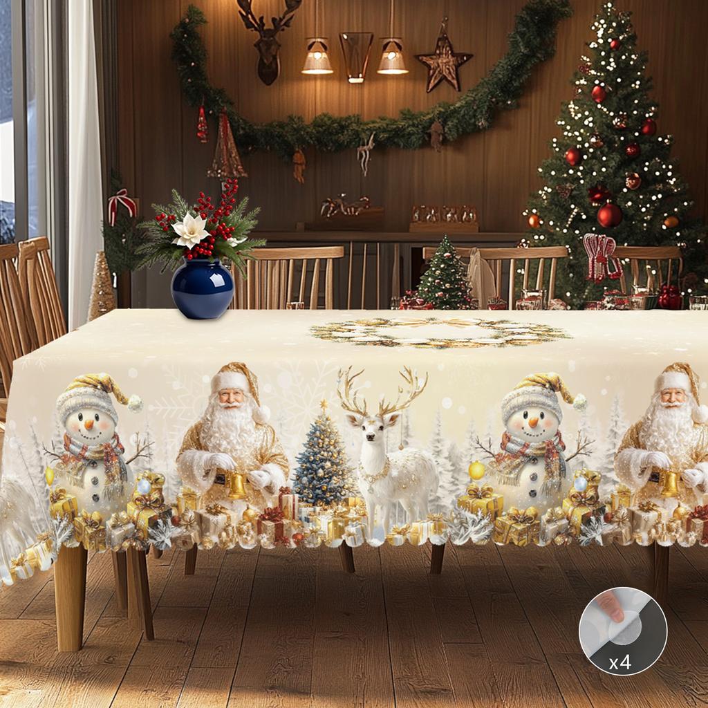 1 Piece Of Christmas-Themed Gold-Printed Tablecloth, Vintage Country Farmhouse Style, Featuring Santa Claus, Snowman, Reindeer, And Christmas Tree Des