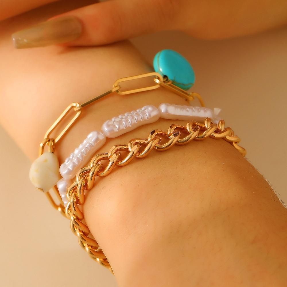 Beads Turquoise Bracelet Set Pearl Bohemian Style Hand Chain  Holiday
