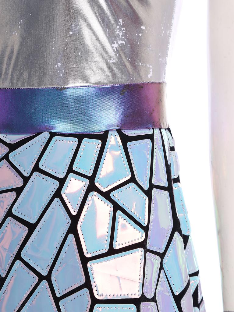 Womens Halloween Alien Astronaut Costume Gradient Sequin Metallic Shiny A-Line Dress