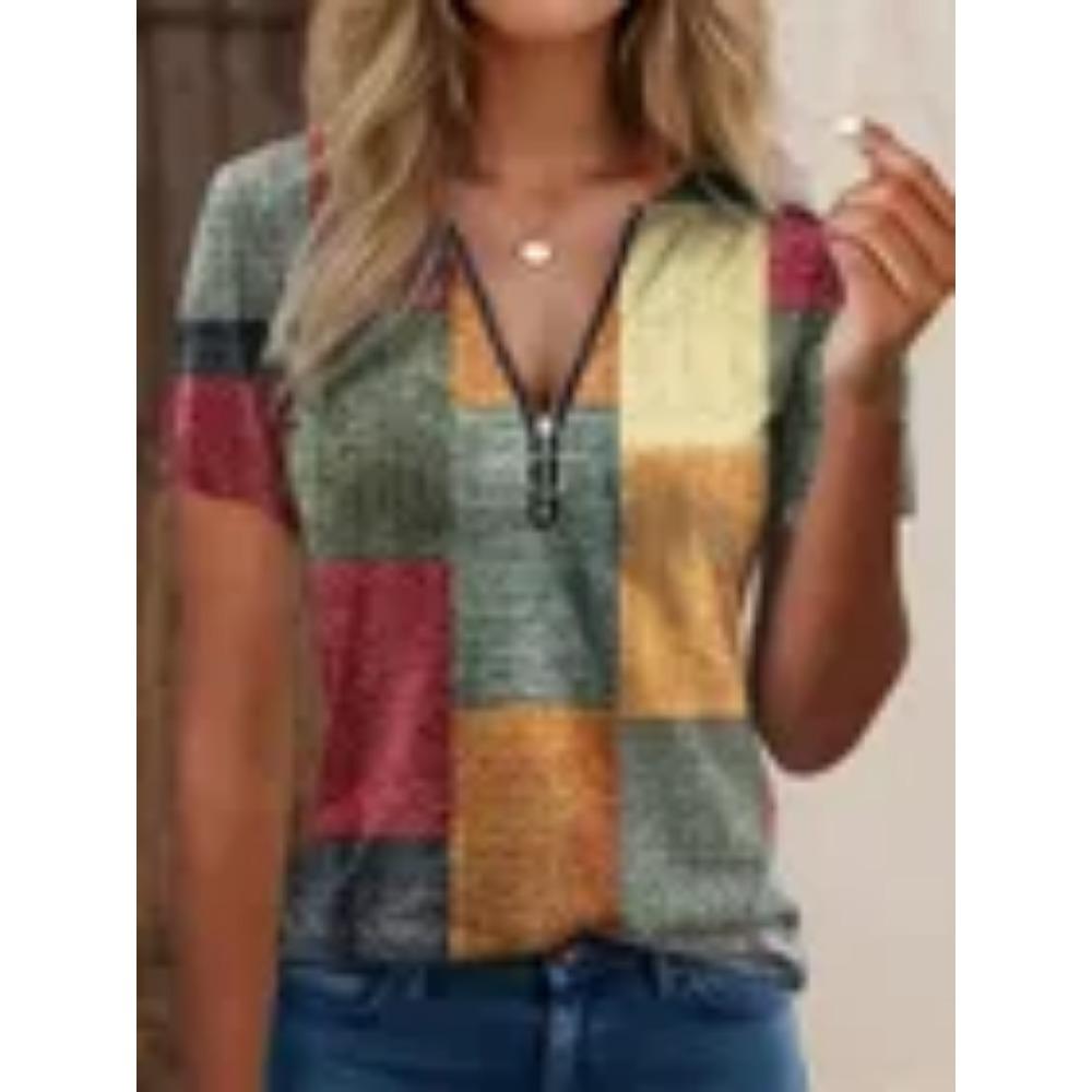 Women's Polo Shirt with Fashionable Zipper and Geometric Design, Summer Loose Short Sleeved T-shirt
