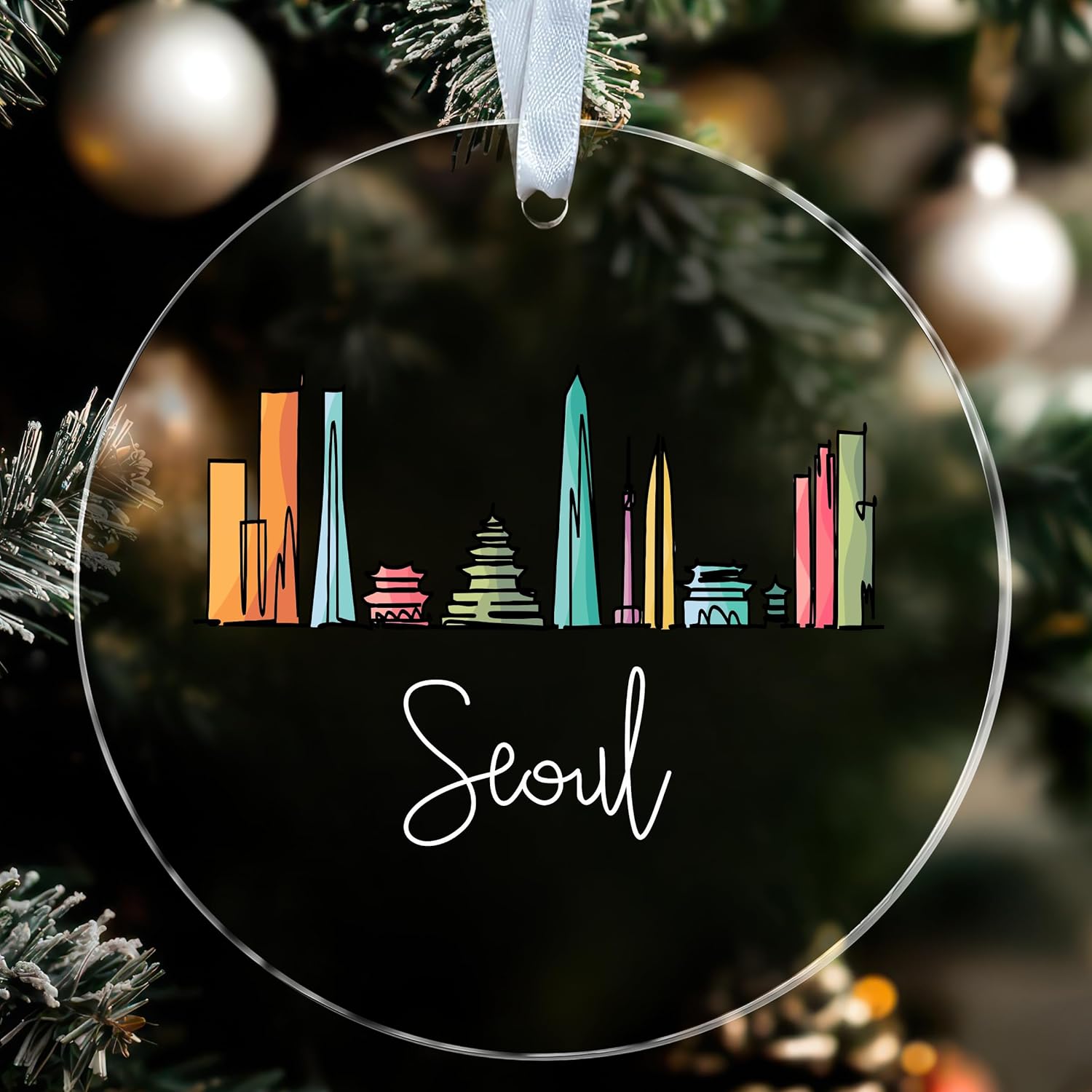 Colorful Seoul Ornament - Skyline Acrylic Ornament - Seoul Decor - City Xmas Tree - Travel Keepsake