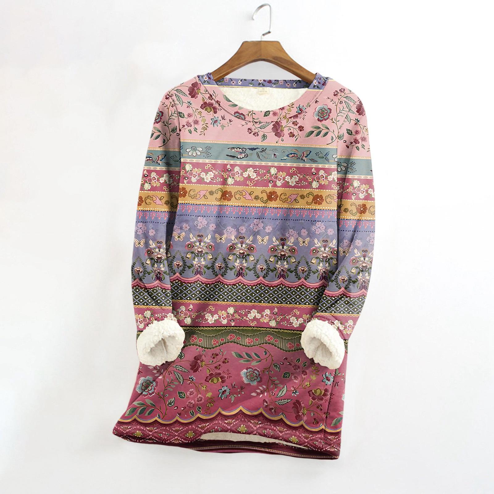 

Женский топ с круглым вырезом и принтом из утолщенного плюша и кашемира, теплый длинный топ S розовый