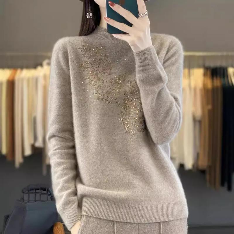 Høst Vinter Ny Stil Rhinestone-dekorert Halvhøy Hals Topp Løs Genser Andi Fløyel Strikkegenser Dame Yttertøy Topp