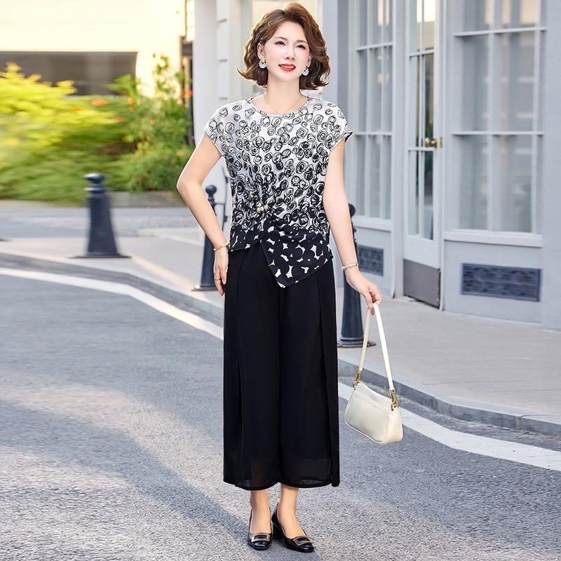 

Sophisticated Asymmetrical Top & Wide-Leg Pants Set for Middle-Aged Women - 2026 Summer Collection 3XL