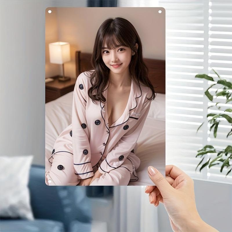 Retro Metal Wall Art, K-Drama Style Pink Polka Dot Lady Poster with Iron Frame for Home Cafe Decor