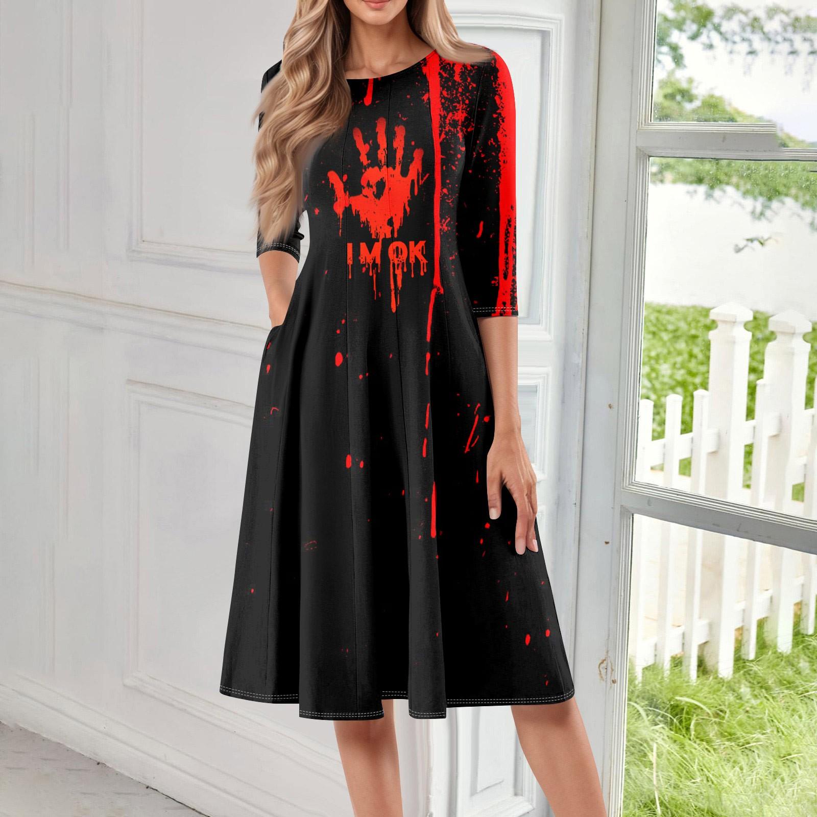 

Women s Casual Fashion Round Neck Three Quarter Sleeve Halloween Print Midi Dress L