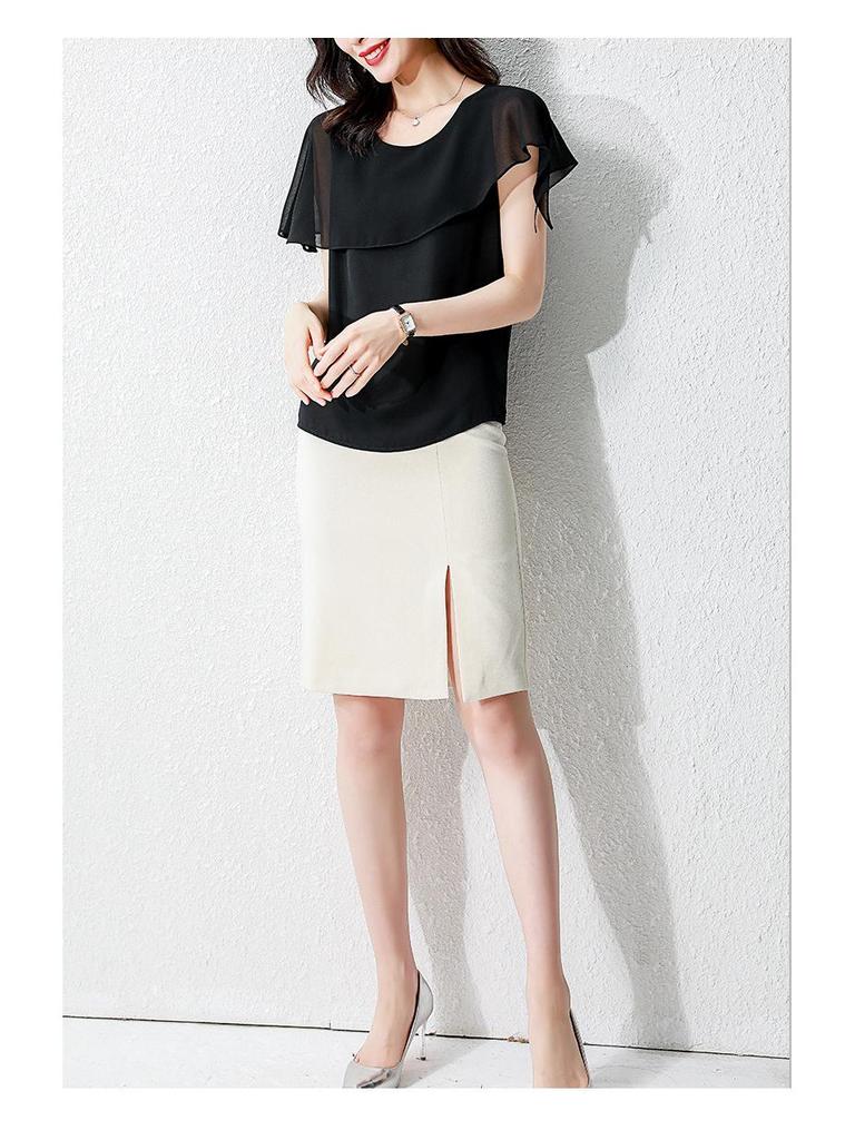 Aiyimaiyi 2023 Summer Chiffon Short-Sleeve Women's Slim Fit Belly-Covering Top