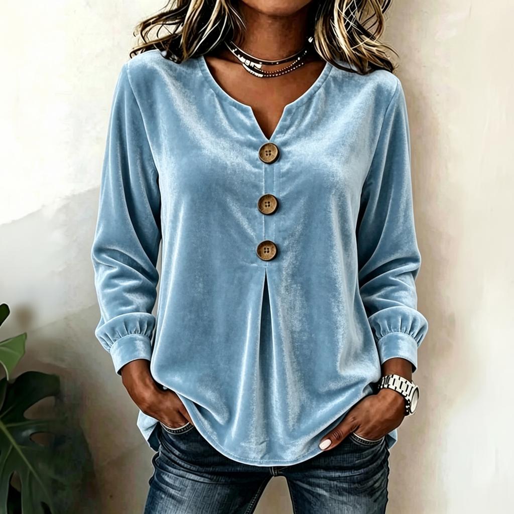 Blouse Haut Top Velours Élégant à Boutons sur le Devant et Manches Longues pour Femme