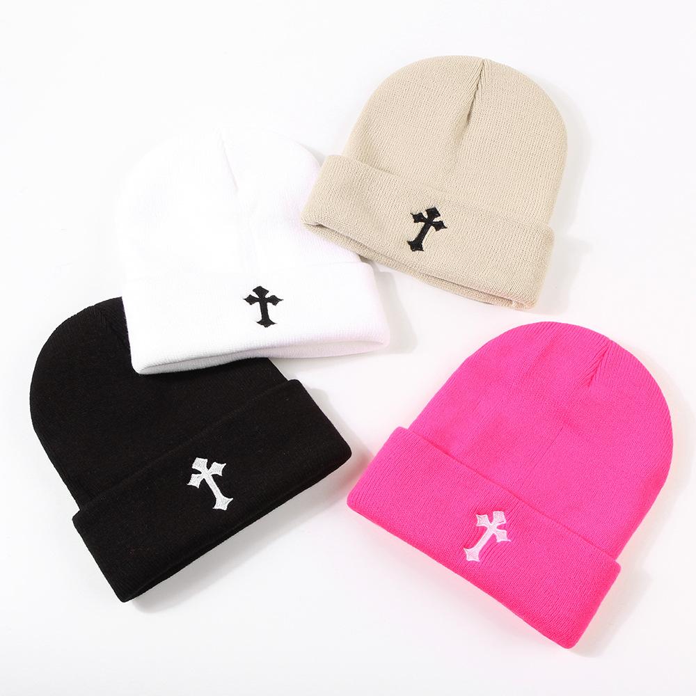 Cool Hat Exquisite Cross Embroidery Unisex Warm No Brim Knitted Hatsbeanie