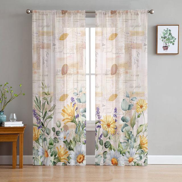 Spring Flower Eucalyptus Leaf Plant Sheer Voile Curtains For Living Room Bedroom Kids Room Decor Tulle Window Treatment Drapes