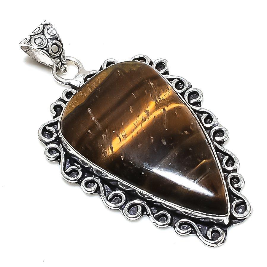 Tiger Eye Gemstone Handmade 925 Sterling Silver Jewelry Pendant 2.17" K9E15