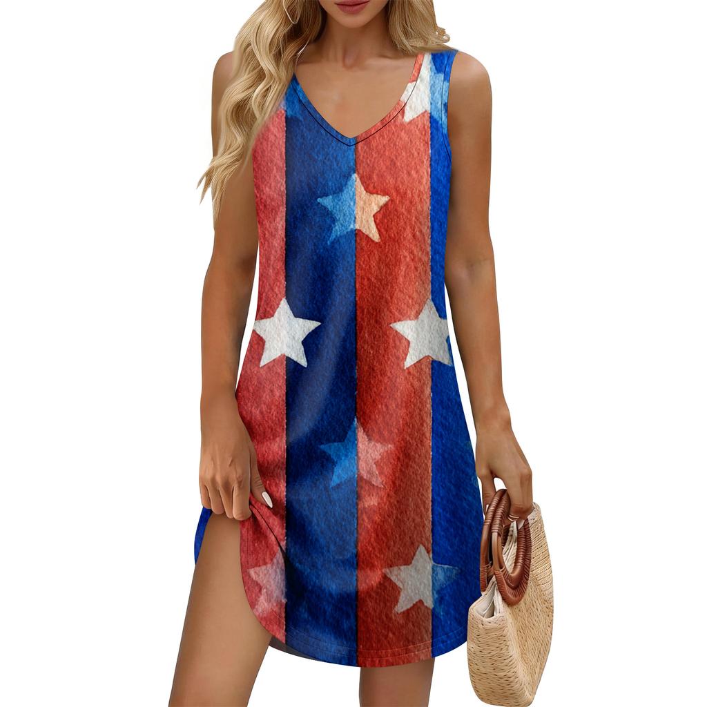 Women's Summer Casual Sun Skirt With Pocket V-Neck Independence Day Printed Loose Vest Dress