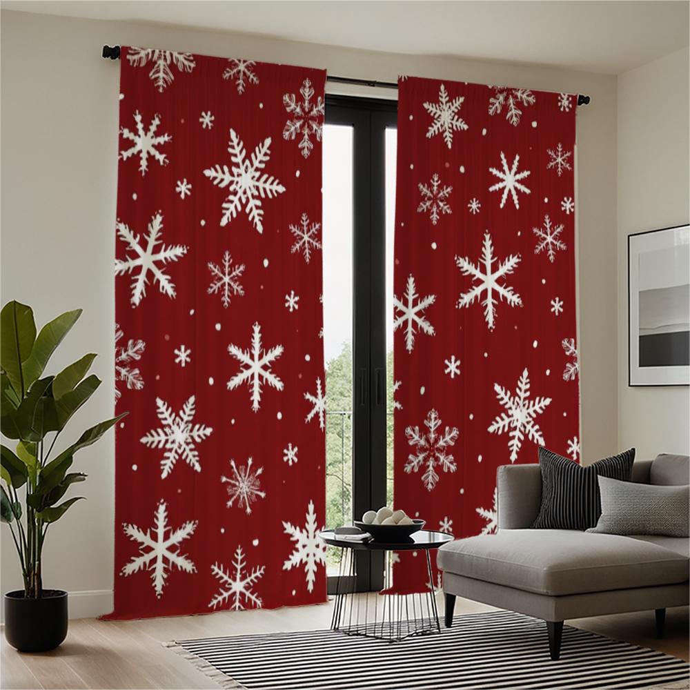 2-piece set of high-definition digital printed curtainred background with white snowflakes curtain rod pocket styleHome decorati