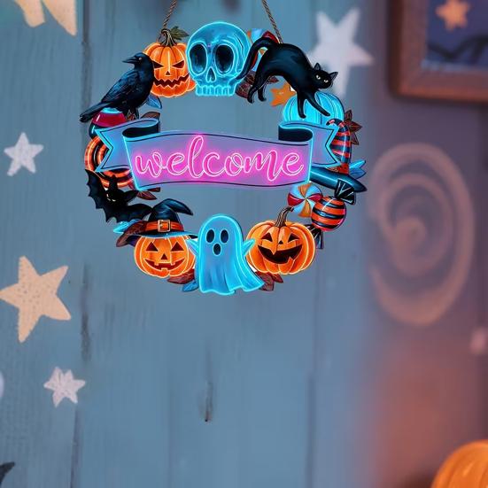 Halloween Holz Türschild, Schwarze Katze Kürbis Skelett Veranda Hängedekoration, Wasserdichtes Außen Willkommensschild, Bereit zum Aufhängen Party Dekoration
