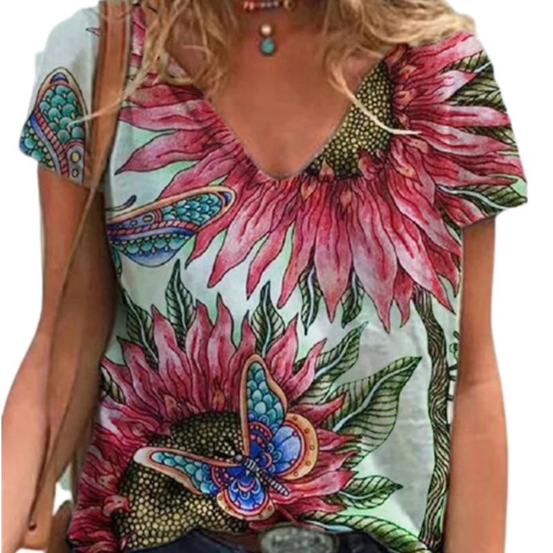 Fashion Spring  Multicolored Print Blouses Short Sleeved V-Neck T Shirts Casual