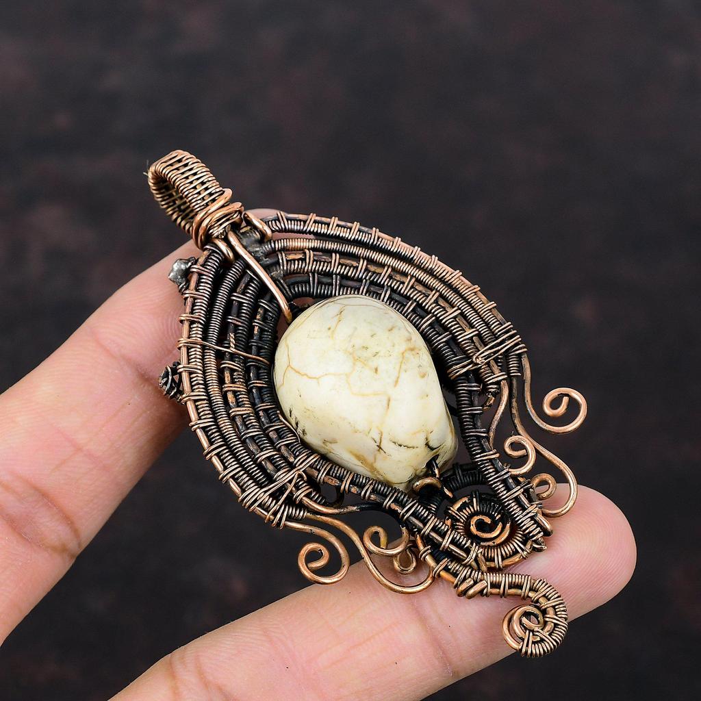 Howlite Pendant Copper Wire Wrapped Pendant Skull Bone Face Pendant Titanium Bead Eyes Jewelry Gemstone Pendant Handmade Copper Wire Jewelry