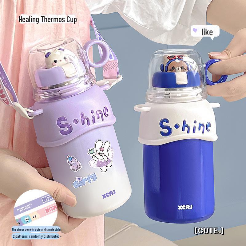 Compact Cartoon Kids' Stainless Steel Straw Thermos - Dual-Drink Design for Tea or Water