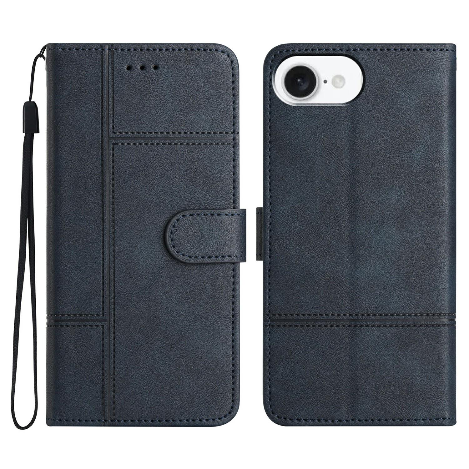 

For iPhone 16e Case Line Imprinted PU Leather Wallet Phone Cover Blue