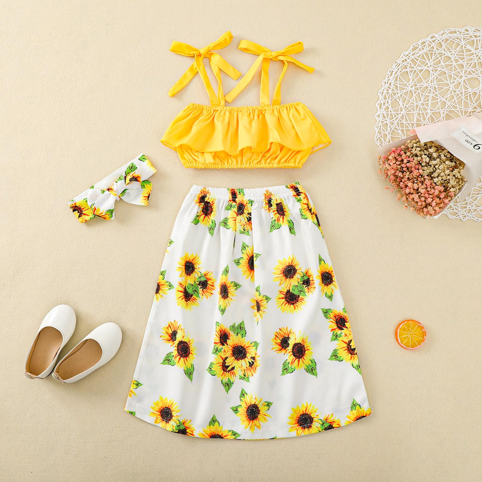 

Toddler Kids Baby Girls Summer Yellow Tops Skirt And Headwear Clothes Set