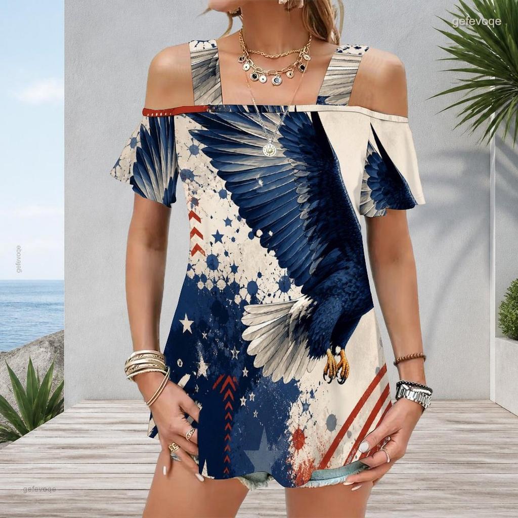 Plus Size Women Cold Shoulder Flutter Sleeve T Shirt Colorful Rainbow Heart Star Print Short Sleeve Top