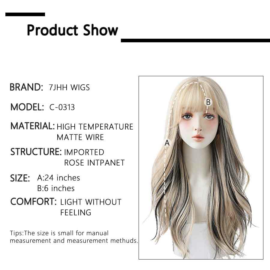 7jhh Wigs Long Wavy Curly Omber Gray White Hair Highlights Synthetic Blend Wigs With Fluffy Bangs For Women's Daily Wear Wigs